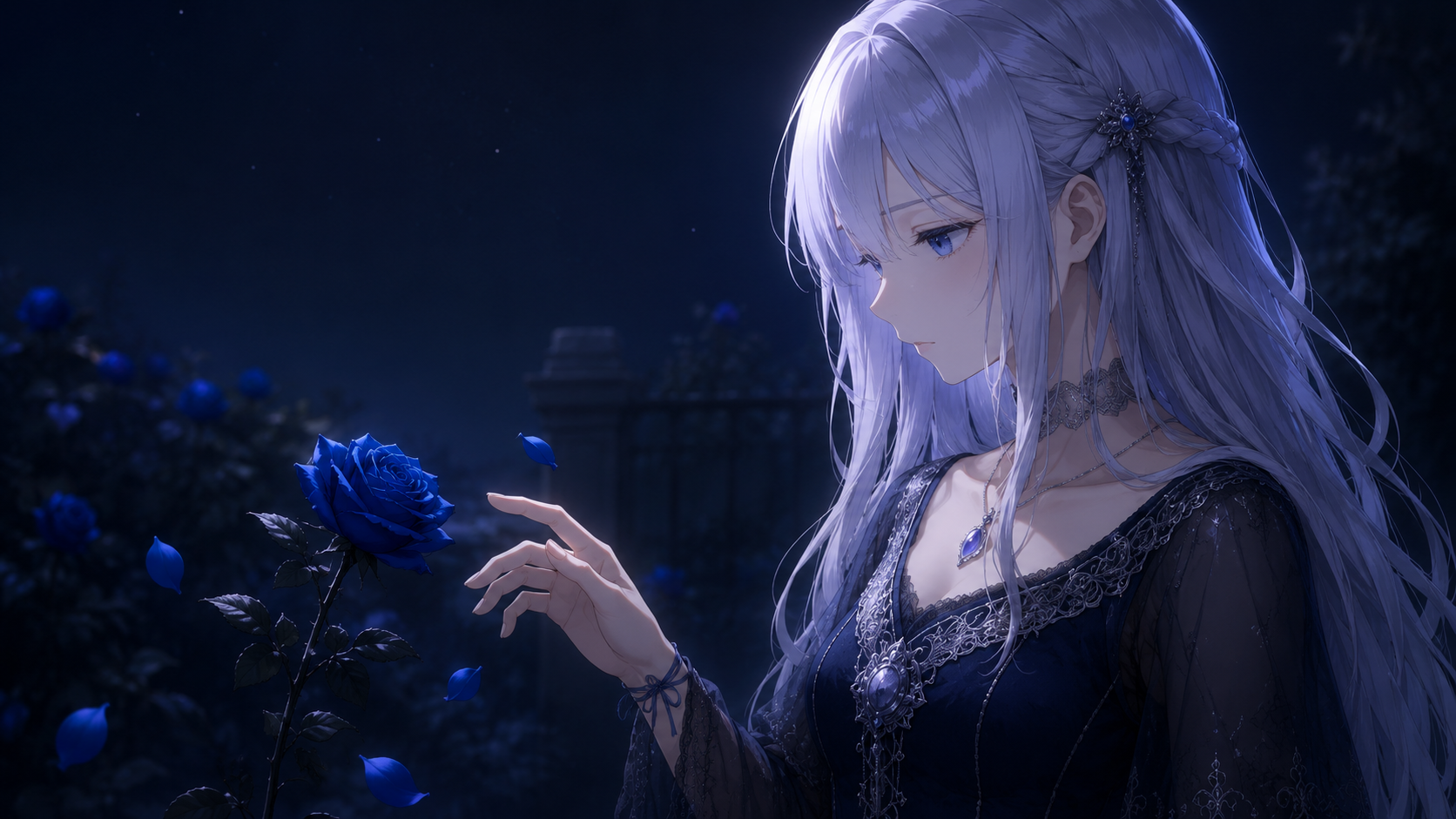 青い薔薇に手を伸ばす銀髪の少女