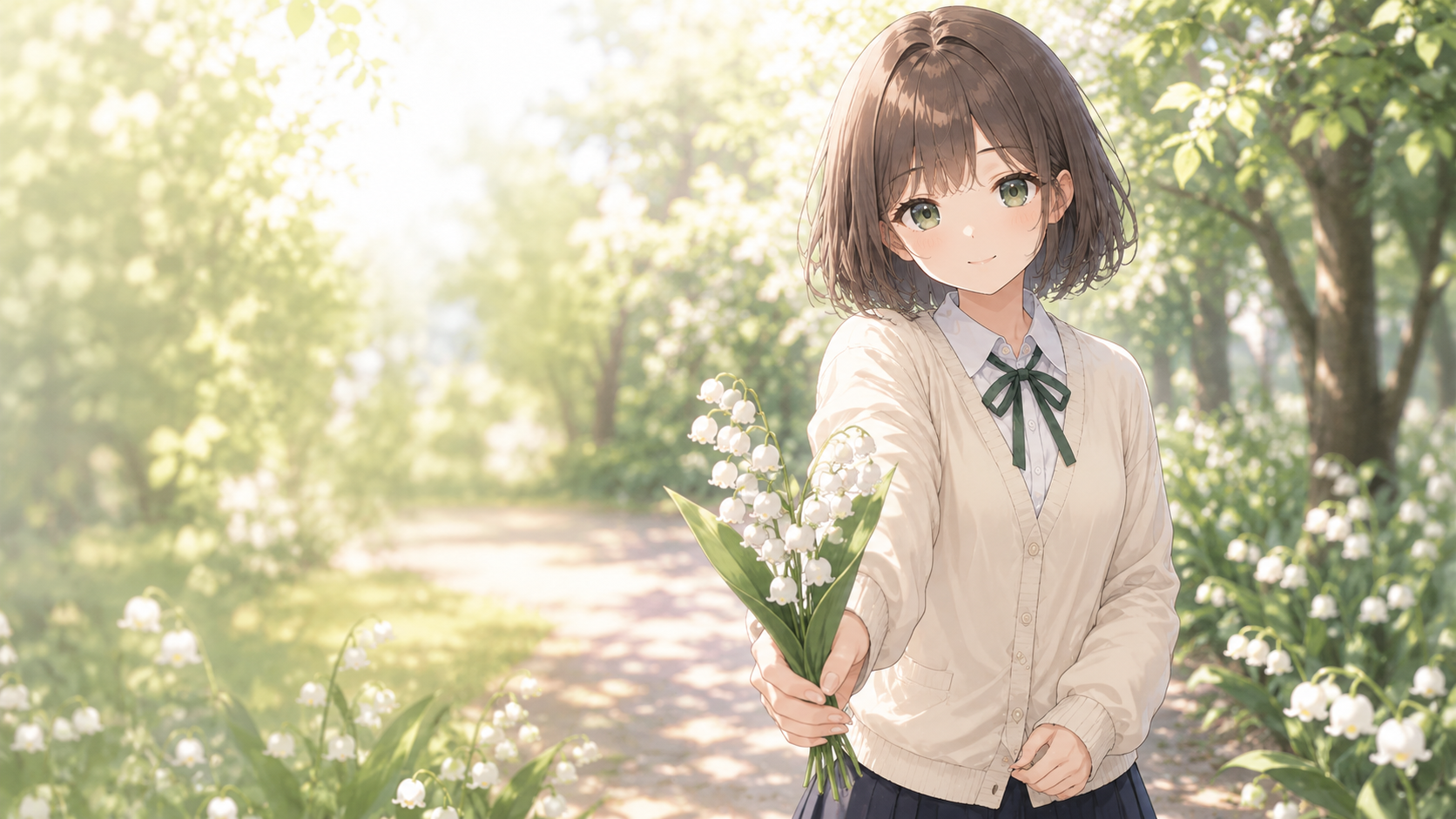 すずらんの花束を差し出す少女